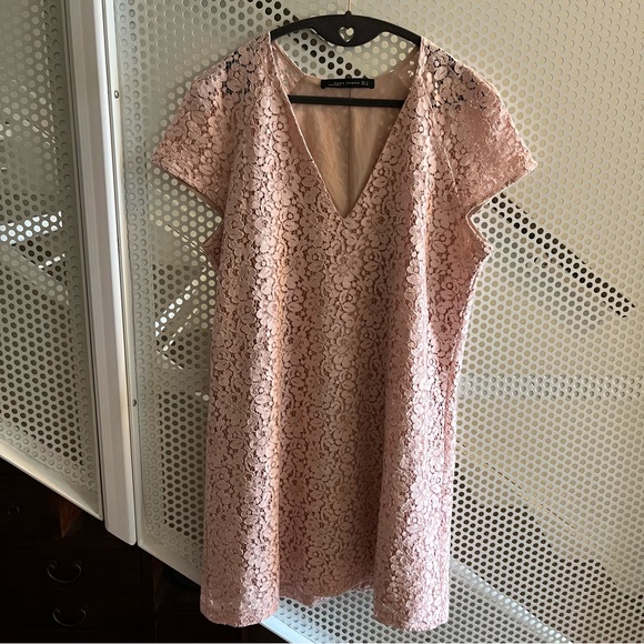 VGUC Zara Lace look Pink Vee Neck Dress Size Large - Picture 6 of 9